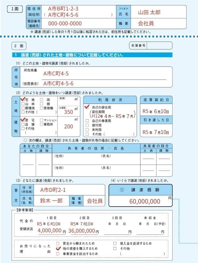 譲渡所得の内訳書の記載例（1〜2面）