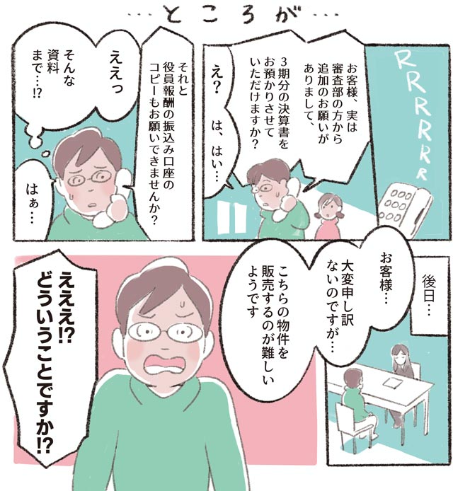 ⋯ところが⋯RRRRRR「お客様、実は審査部の方から追加のお願いがありまして、3期分の決算書をお預かりさせていただけますか?」「え?は、はい⋯」「それと役員報酬の振込み口座のコピーもお願いできませんか?」「ええっそんな資料まで⋯!?はぁ⋯」後日⋯「お客様⋯大変申し訳ないのですが⋯こちらの物件を販売するのが難しいようです」「えええ!?どういうことですか!?」