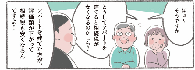 「ほぉ〜そうですか」「どうしてアパートを建てると相続税が安くなるのかしら?」「アパートを建てた方が、評価額が下がって相続税も安くなるんですよ!」