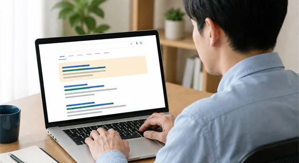 検索広告の画面を表示したノートパソコン