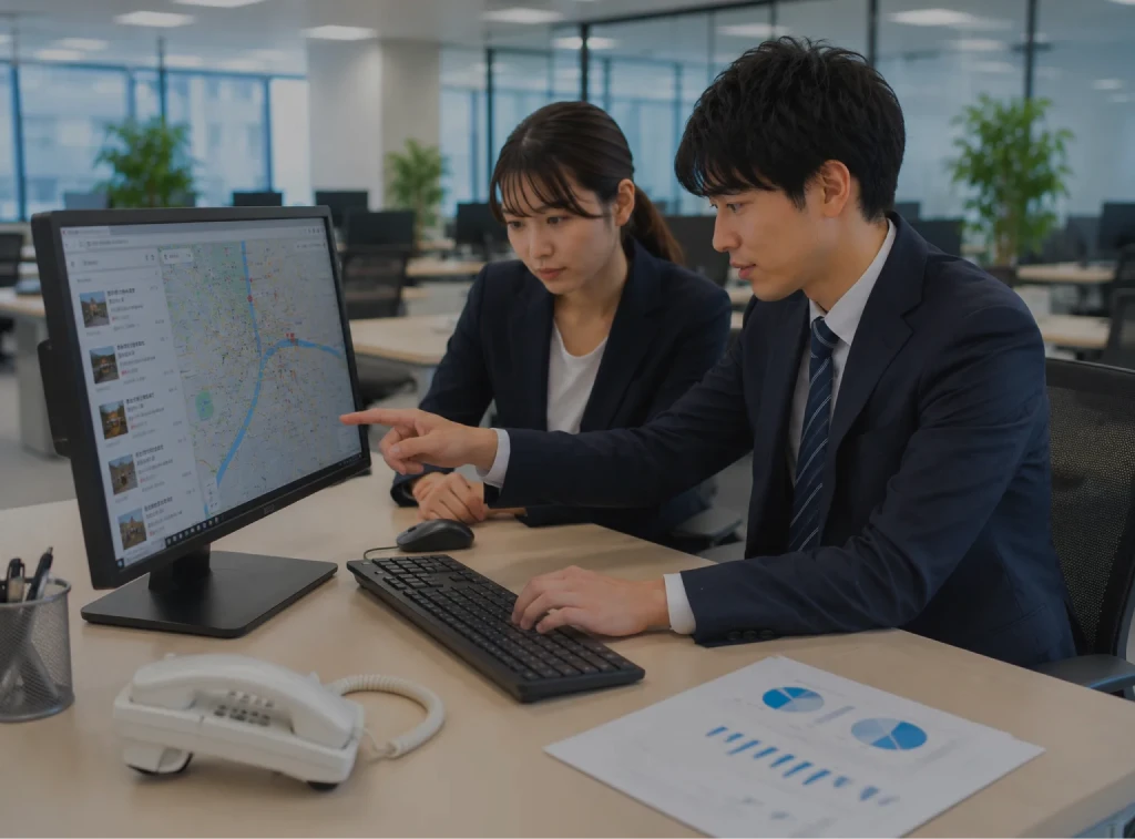 会社でGoogleマップを見ながら相談先を探す様子